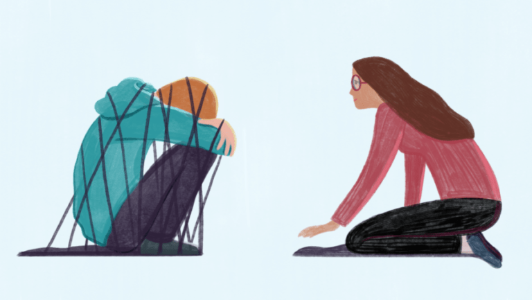 Illustrasjon av en gutt og jente som sitter på gulvet. Jenten trøster gutten.